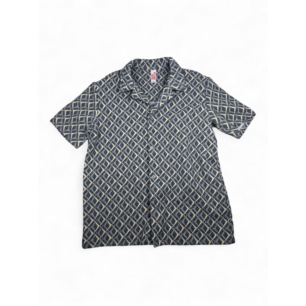 Fleece Factory Mens Grey Geometric Diamond Jacquard Camp Collar Shirt Small